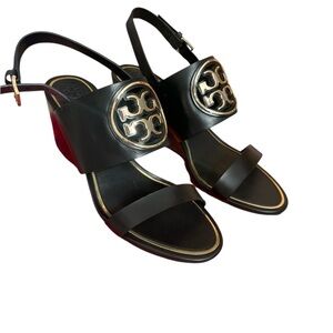 Tory Burch Metal Miller 65  MM Black and Gold Wedge Sandals
